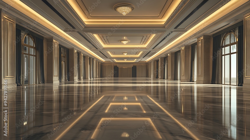 Fototapeta premium Grand Empty Banquet Hall with Reflective Marble Surfaces, Elegant Lighting, and High Ceilings