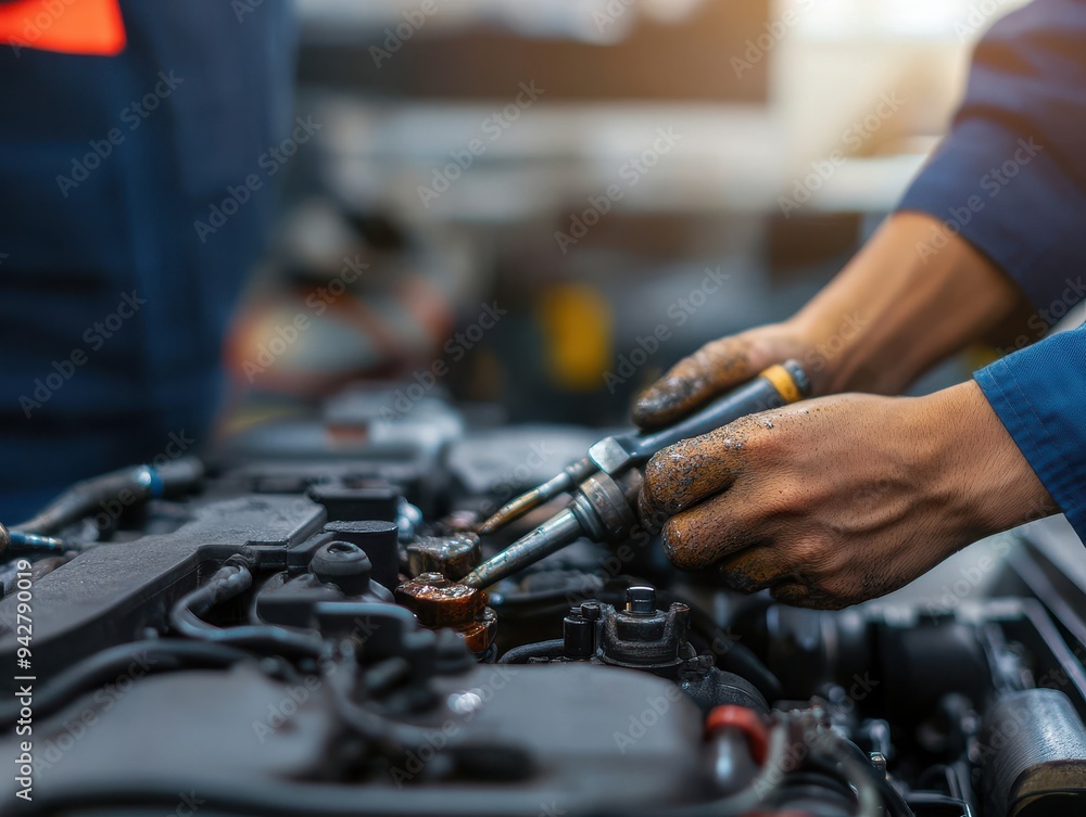 Close-up of a mechanic's hands using tools to work on an engine, showcasing automotive maintenance and repair skills. Close-up of a mechanic's hands using tools to work on an engine, showcasing automotive maintenance and repair skills.