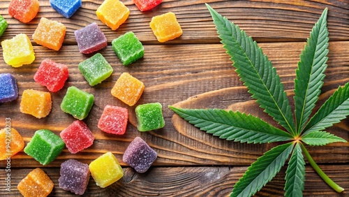 Colorful cannabis-infused edibles arranged in a close-up flat lay style on a wooden table, featuring vibrant rainbow gummies with hemp leaf decoration photo