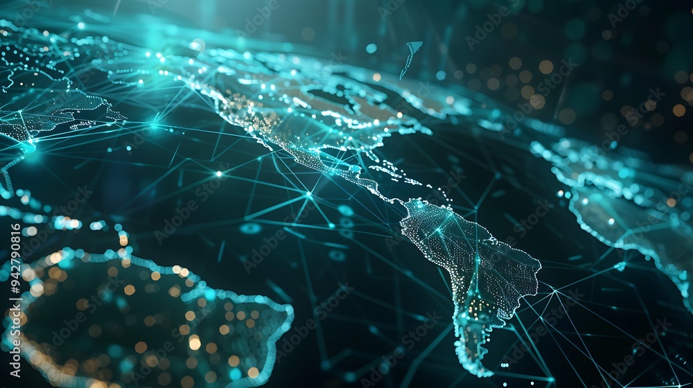 Global Network Connections Abstract Digital World Map with Turquoise Lines Global Network Connections Abstract Digital World Map with Turquoise Lines