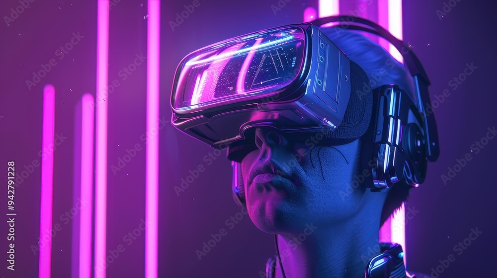 A Person Wearing a Futuristic Virtual Reality Headset in a Purple and Pink Room with Neon Lights A Person Wearing a Futuristic Virtual Reality Headset in a Purple and Pink Room with Neon Lights