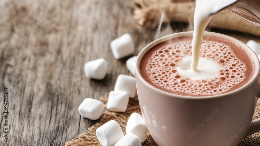 Delicious hot chocolate topped with melting marshmallows and poured milk, perfect for chilly days and cozy moments. Delicious hot chocolate topped with melting marshmallows and poured milk, perfect for chilly days and cozy moments.