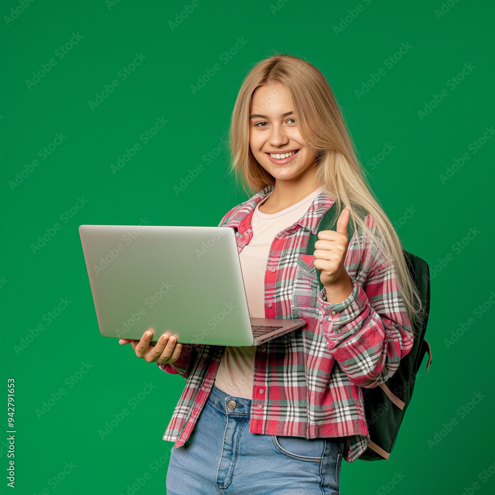 Portrait of a smiling young girl holding laptop computer, thumbs up gesture isolated over green background. Portrait of a smiling young girl holding laptop computer, thumbs up gesture isolated over green background.