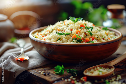 A close-up of a bowl of cooked quinoa with vegetable and herbs on a wooden table, a wooden spoon beside it, and sunlight.