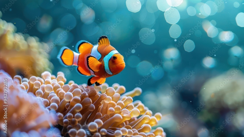 A clownfish swims in a reef with colorful coral and sea fans. The background is blurred, A clownfish swims in a reef with colorful coral and sea fans. The background is blurred,