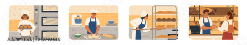 Professional bakers cartoon characters in uniform set