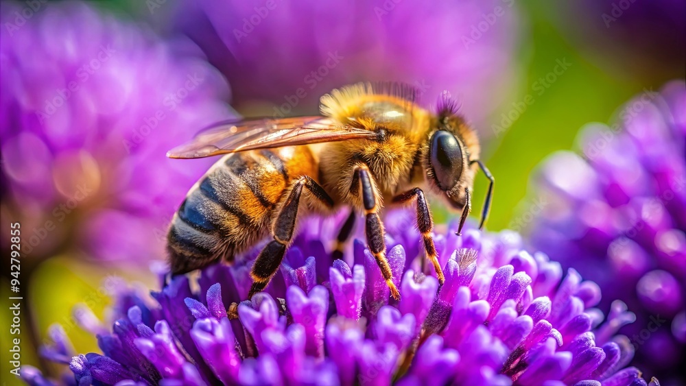 Close up of a bee pollinating a vibrant purple flower in nature with macro detail Close up of a bee pollinating a vibrant purple flower in nature with macro detail