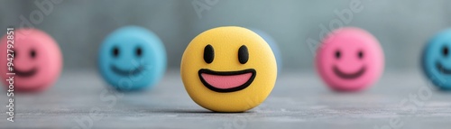 A cheerful yellow smiley face contrasts with colorful background, representing happiness and positivity in a fun and playful way. photo