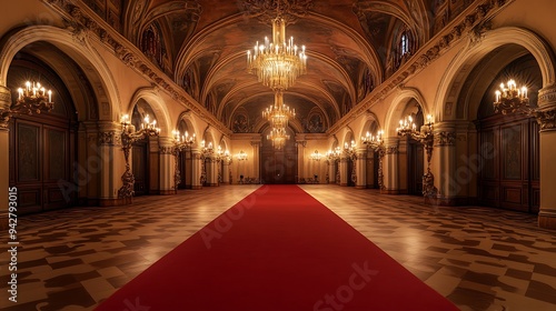 Elegant Hall with Red Carpet and Ornate Details, Illuminated by Gleaming Chandeliers for a Grand Ceremony