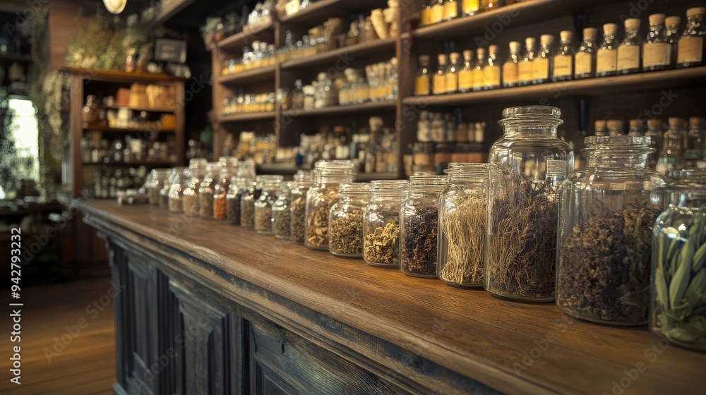 A traditional apothecary showcases an array of glass jars filled with herbs, dried plants, and potions on a wooden counter in a cozy, rustic setting A traditional apothecary showcases an array of glass jars filled with herbs, dried plants, and potions on a wooden counter in a cozy, rustic setting