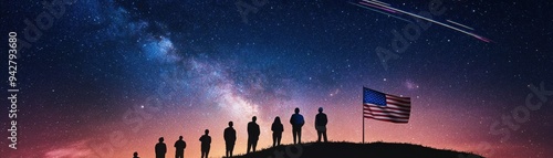 Silhouettes of soldiers against a starry sky, featuring an American flag, symbolizing unity and sacrifice for freedom.