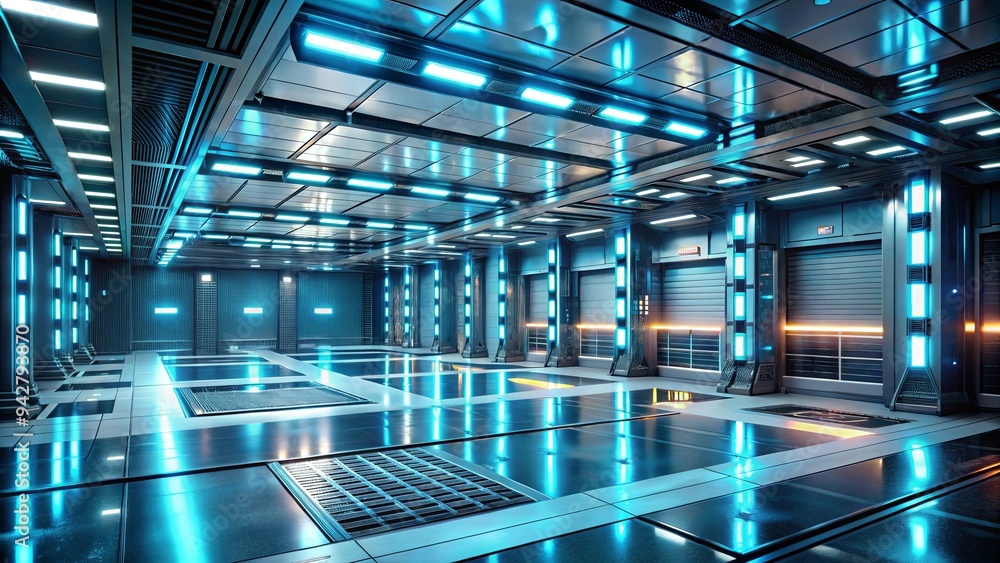 Futuristic high tech facility with glowing panels in a render Futuristic high tech facility with glowing panels in a render