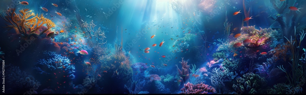 Fototapeta premium Sunbeams Illuminating Coral Reef and Fish