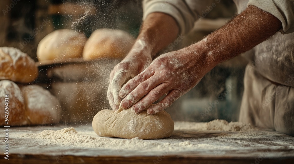 A traditional baker skillfully kneads dough on a floured wooden surface, with loaves of freshly baked bread resting nearby in the warm morning atmosphere A traditional baker skillfully kneads dough on a floured wooden surface, with loaves of freshly baked bread resting nearby in the warm morning atmosphere