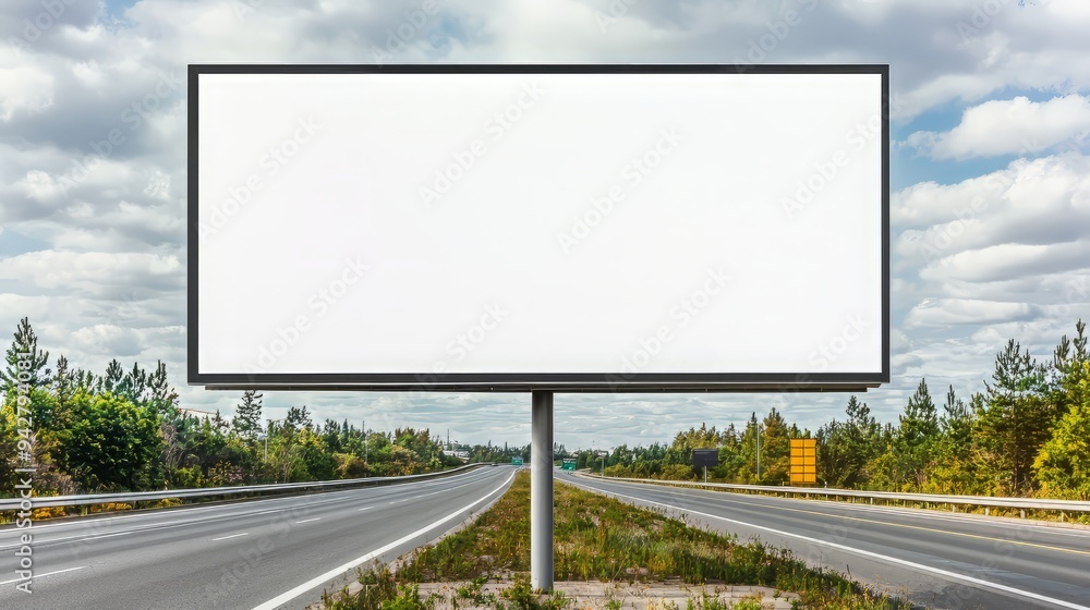 Obraz premium Blank billboard on an empty road, surrounded by trees and under a cloudy sky, ideal for advertising and promotional content.