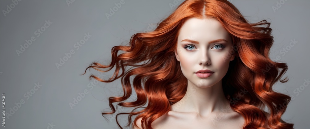 Fototapeta premium Beauty redhead girl with long and shiny wavy red hair . Beautiful woman model with curly hairstyle .