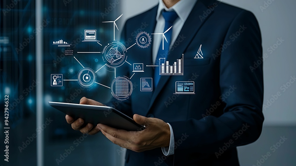 Strategic Business Analyst Developing Renewable Energy Transition Plans on Tablet with Copy Space for Text Strategic Business Analyst Developing Renewable Energy Transition Plans on Tablet with Copy Space for Text