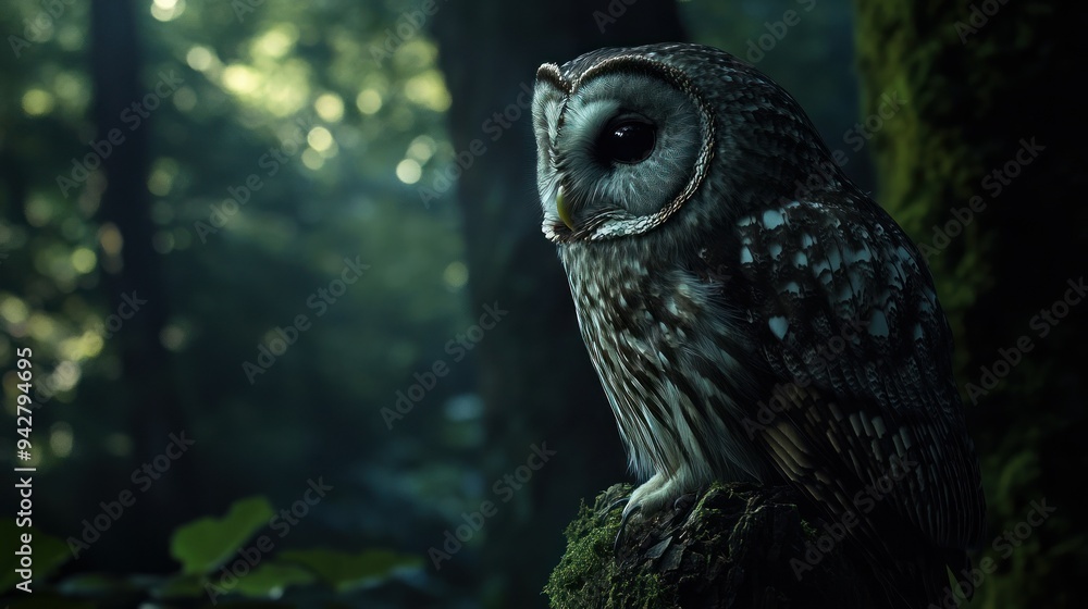 A Tawny Owl Perched on a Branch in a Forest A Tawny Owl Perched on a Branch in a Forest