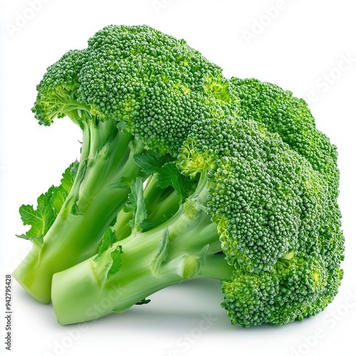 Fresh green broccoli florets isolated on white background.