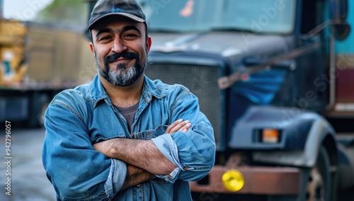 Portrait of a Smiling Trucker in a Denim Shirt