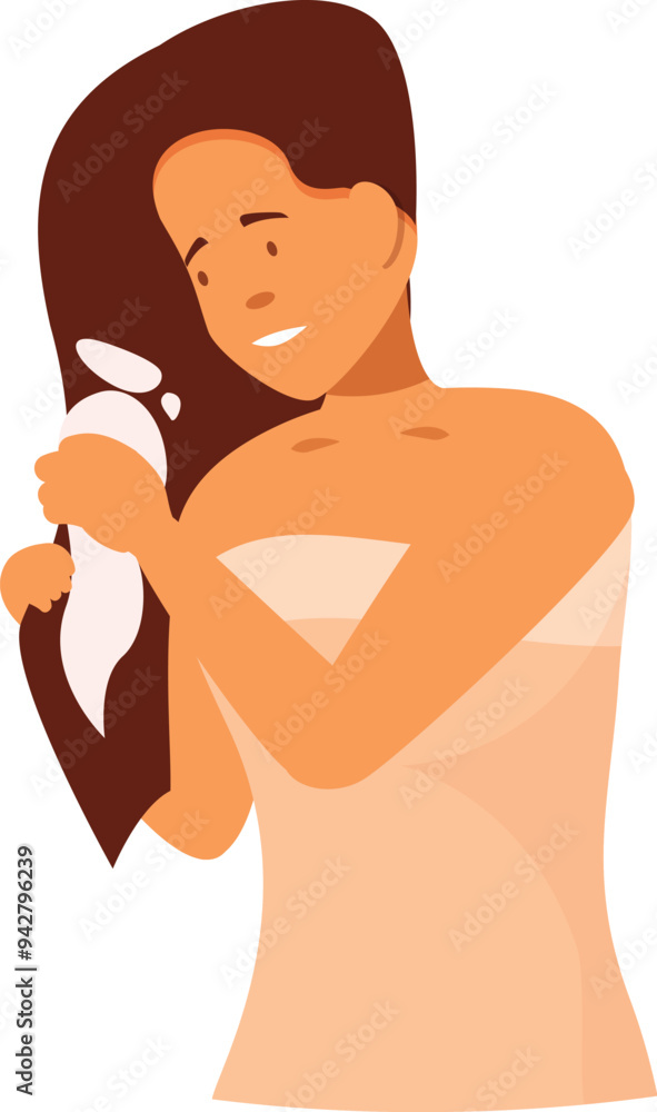 Young woman is applying conditioner or hair treatment to her long hair after a shower Young woman is applying conditioner or hair treatment to her long hair after a shower