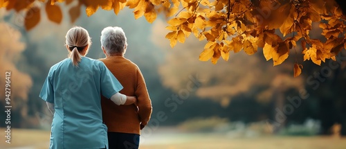 Caretaker assisting elderly person during a walk in autumn park. Compassionate care and companionship, featuring fall foliage. photo