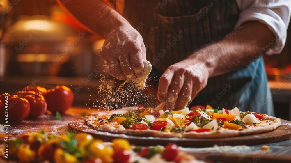 Chef Dusting Flour Over a Vegetable Pizza Chef Dusting Flour Over a Vegetable Pizza