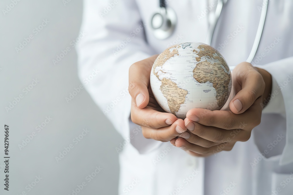 Doctor holding a globe in hands, representing global healthcare, medicine, and medical care services, emphasizing world health preservation. Doctor holding a globe in hands, representing global healthcare, medicine, and medical care services, emphasizing world health preservation.