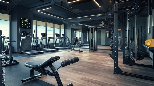 Modern gym room fitness center with equipment and machines. Up to date sport hall.