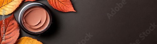 Top view of a cosmetic cream jar with autumn leaves on a dark background, perfect for fall skincare and beauty concepts. photo