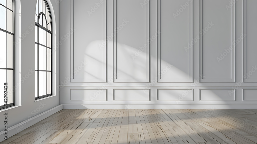 Fototapeta premium A spacious, empty room with white walls and paneled molding, sunlight streams in through two arched windows, creating a bright and airy atmosphere.