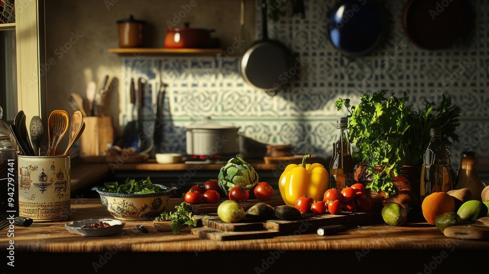 Fototapeta premium A Kitchen Countertop with Fresh Produce and Kitchen Utensils