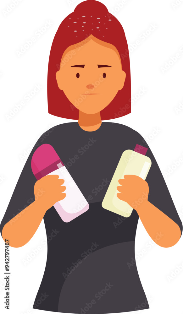 Young woman is holding two hair care products, trying to decide which one to use for her damaged hair Young woman is holding two hair care products, trying to decide which one to use for her damaged hair