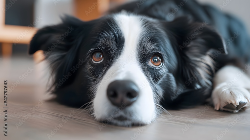 A black and white dog is laying on the floor with its head down. The dog's eyes are closed, and it is resting A black and white dog is laying on the floor with its head down. The dog's eyes are closed, and it is resting