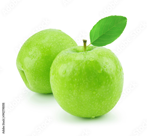 Isolated green apple with water drops (white background). Fresh diet fruit. Healthy fruit with vitamins.