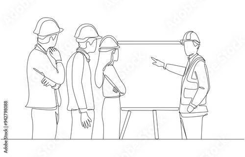 Continuous one line drawing of young engineer reporting construction project progress to project management team, construction business concept, single line art.