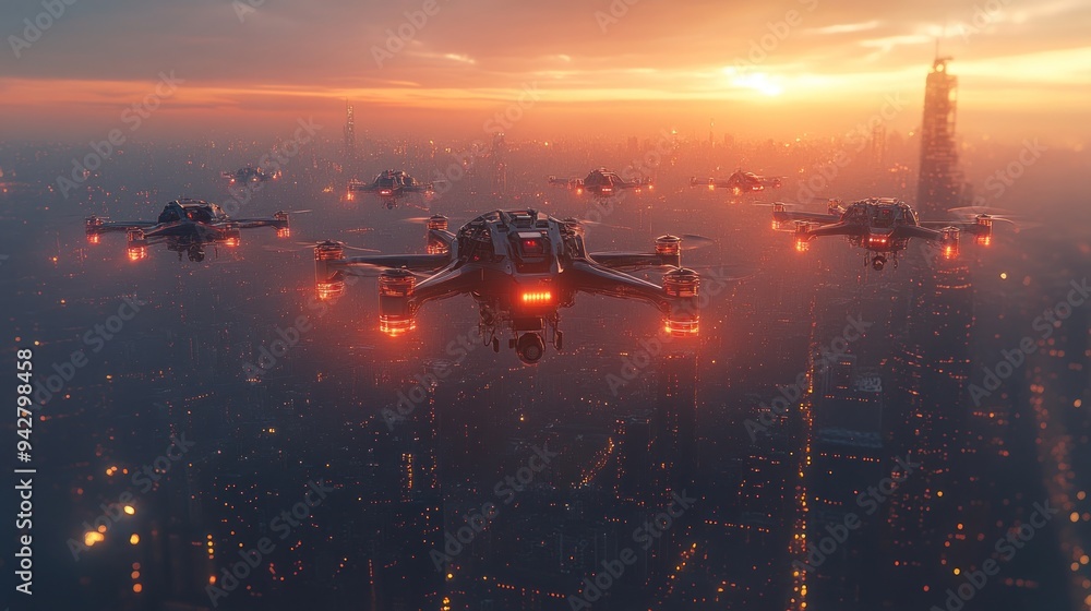 Futuristic Drone Cityscape at Sunset Futuristic Drone Cityscape at Sunset