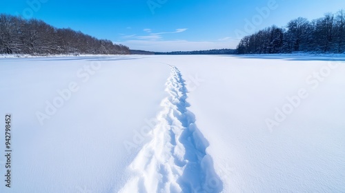 Footprints trail across a serene snow-covered landscape under a bright blue sky, creating a peaceful winter scene.