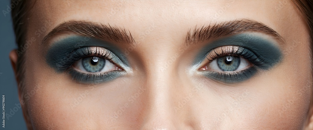Obraz premium Elegance close-up of beautiful female eye with marine colors eyeshadow. Macro shot of beautiful woman's face part with makeup. Cosmetics, beauty and make-up