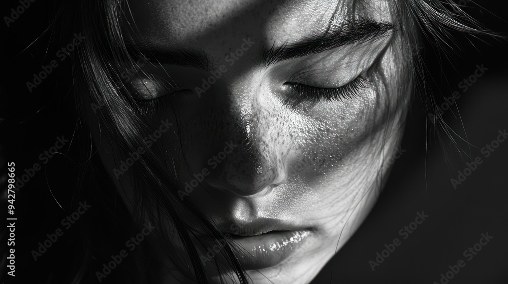 Close-up Black and White Portrait of a Woman with Freckles and Closed Eyes Close-up Black and White Portrait of a Woman with Freckles and Closed Eyes