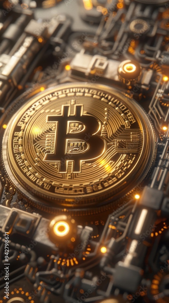 Fototapeta premium Bitcoin icon surrounded by layers of encryption algorithms, symbolizing robust online security, [Bitcoin], [algorithmic security].
