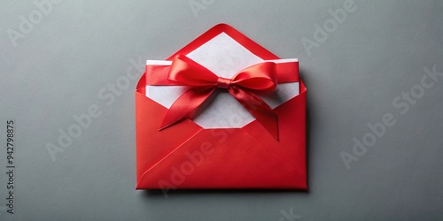 A gift card placed in an open red envelope with a ribbon bow on a grey background