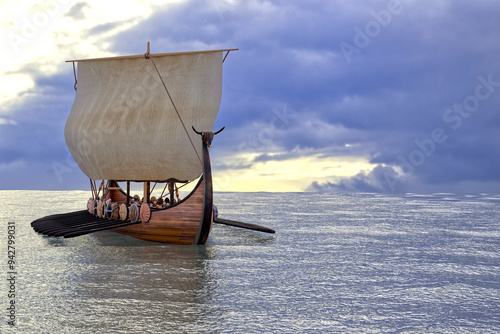 Viking ship longship 3D render image rowing vikings on a sailing ship