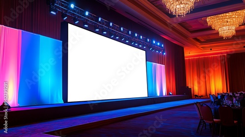 Spacious Event Stage with Large Blank Screen and Soft Ambient Lighting for Corporate Gatherings