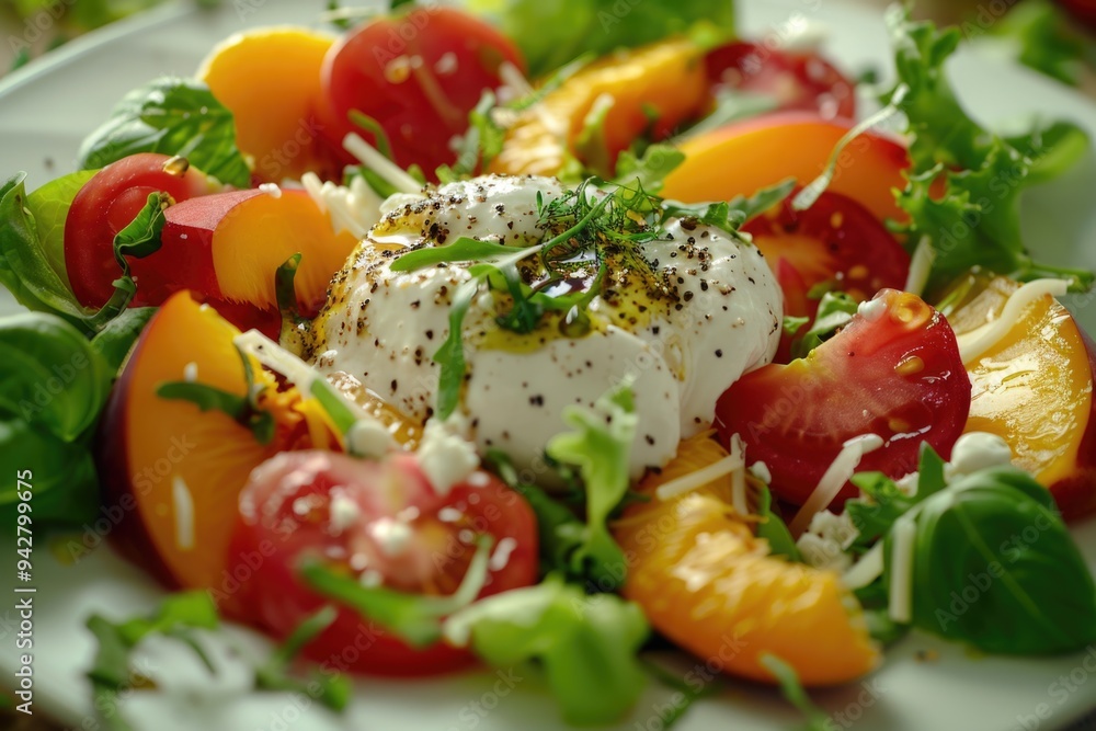 Fresh tomatoes and melted cheese on a clean white plate, ready for serving Fresh tomatoes and melted cheese on a clean white plate, ready for serving