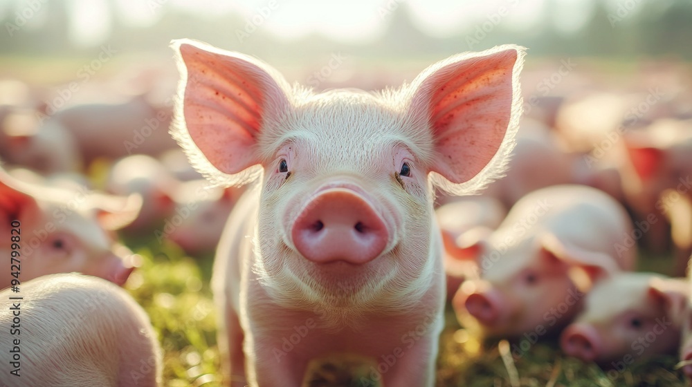A small pig with pink ears and a pink nose stands in a field with other pigs A small pig with pink ears and a pink nose stands in a field with other pigs