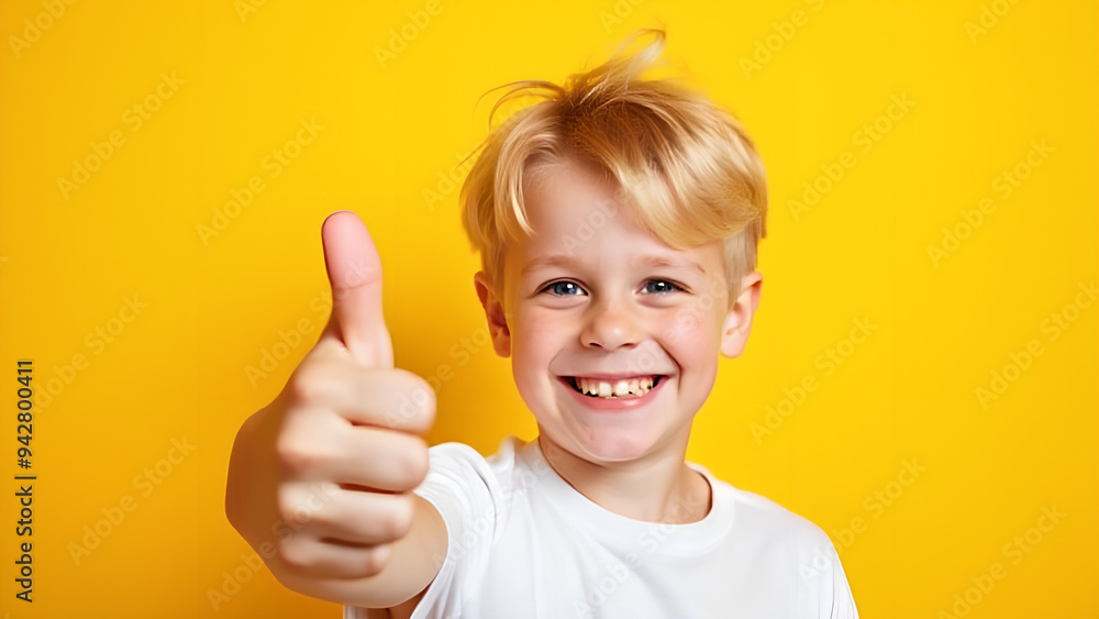 A young boy blonde hair smiling and giving a thumbs-up gesture against a vibrant yellow background wearing a white shirt A young boy blonde hair smiling and giving a thumbs-up gesture against a vibrant yellow background wearing a white shirt