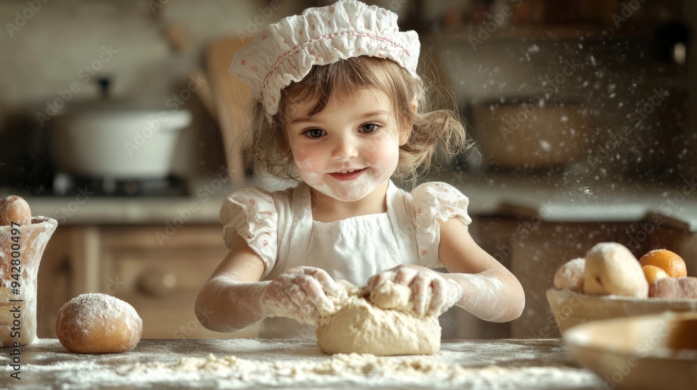 Smiling young girl covered in flour kneading dough in a charming rustic kitchen Smiling young girl covered in flour kneading dough in a charming rustic kitchen