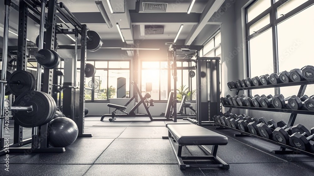 Obraz premium Modern light gym. Sports equipment in gym. Barbells of different weight on rack. 
