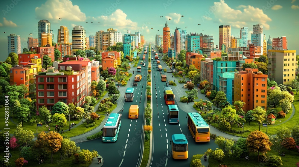 Naklejka premium Eco-friendly public transportation with electric buses and bike lanes